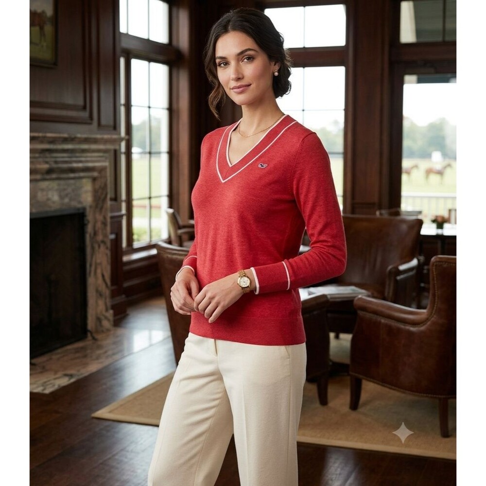Vineyard Vines Womens XS Lightweight Sweater Pima Cotton Cashmere Red Embroidery
